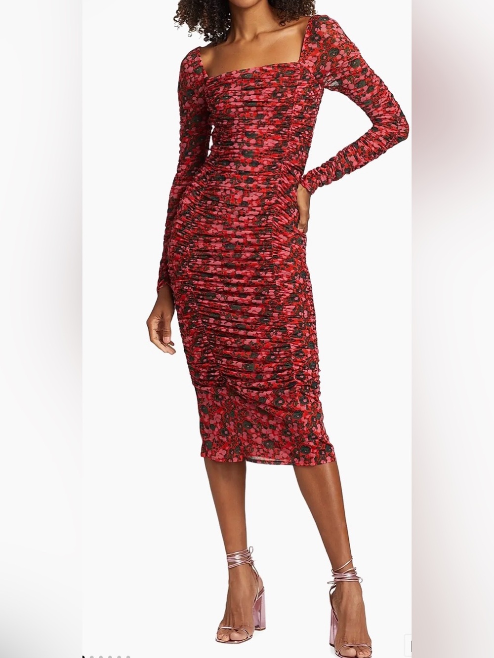 Rhode Floral Mesh Ruched Midi-Dress